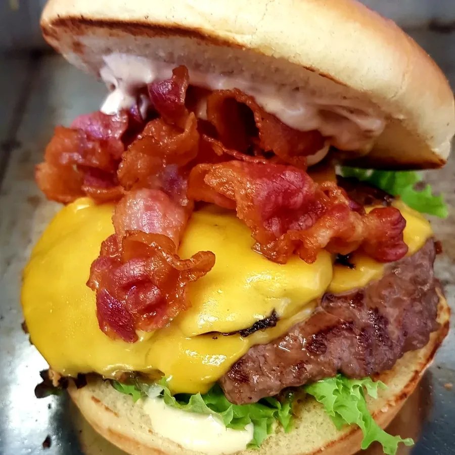 Close-up of a Shanil's gourmet burger